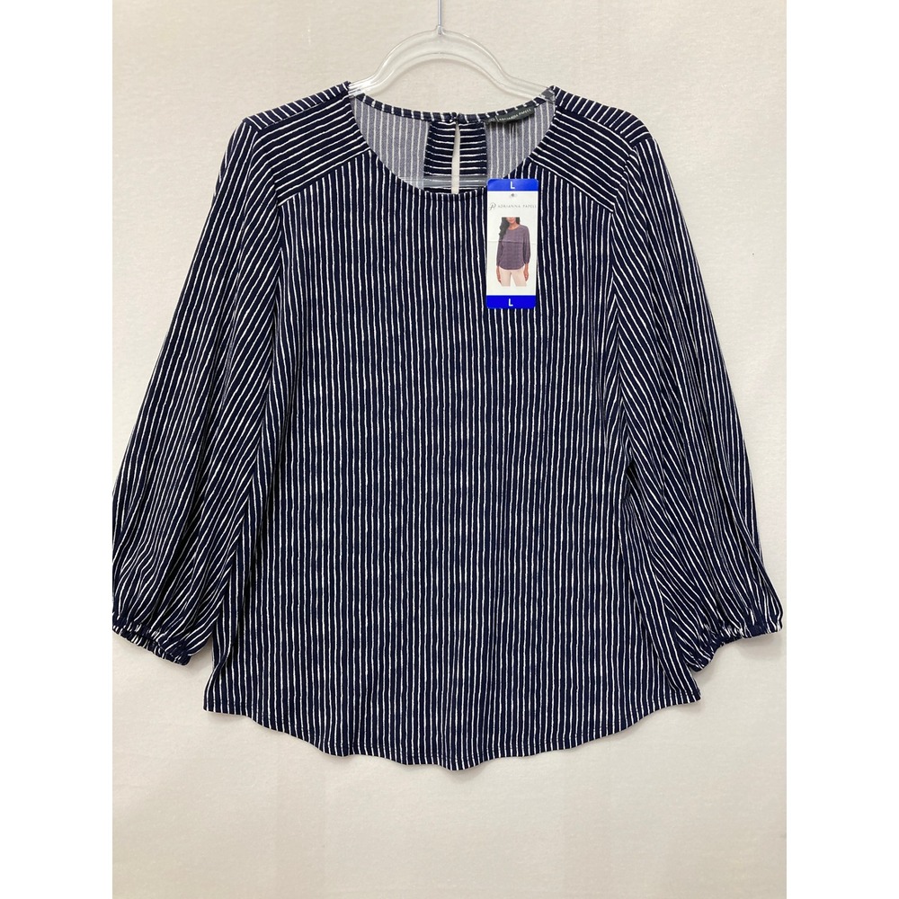 NWT Adrianna Papell Blouse Size Large Blue White Striped Preppy Lantern Sleeve
